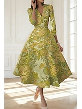 voordelige A-Lijn Avondjurken-A-lijn Tot de enkel Cocktailjurken Elegant Bloemig 3/4 mouw V-hals Bruiloft Formeel Jacquard met Bloemenprint Plooien
