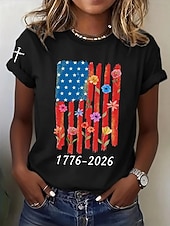  Onafhankelijkheidsdag Amerikaanse Jubileum Patriottische Dames T-shirt Print Grafisch Letter Amerikaanse Vlag Stijlvol Klassiek Casual Korte Mouw Crew Neck Reguliere Tops Dagelijks Blauw Zwart Wit
