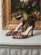 cheap Classic Pumps-Women's Leopard Print Pointed-Toe Pumps - Sexy High Stiletto Heels with Oversized Floral Ankle Detail for Evening Parties, Formal Events &amp; Bold Daily Wear