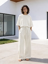 economico Imposta-Completo pantaloni da donna in lino al 15%, completo in lino, tinta unita, tasca, elastico in vita, t-shirt, pantalone, casual, a maniche lunghe, girocollo, blu, nero, bianco, blu navy, marrone chiaro, estate, primavera