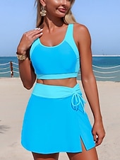 abordables Conjuntos de bikini-Mujer Bañadores Bikini 2 piezas Falda Traje de baño Control de barriga Alta cintura Delgado Espalda al Aire Vacaciones Ropa de playa Color sólido Camiseta con cuello redondo Sin Mangas Trajes de baño