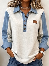  Mulheres Moletom Bloco de cor Casual Manga Longa Lapela Tops regulares Bege Primavera Outono