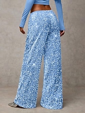 baratos perna larga e cintura alta-Mulheres Calças Calça casual Reto Moda Roupa de rua Básico Comprimento total Cintura Alta Tecido Paetês Bolsos Cintura elástica Confortável Micro-Elástica Diário Férias Festa Preto Azul Marinha Azul