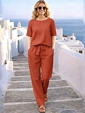 preiswerte Wesentliche Faux Co-ord Sets-Damen Hosen-Sets Bolero Kunstbaumwollleinen Kurzarm Rundhals Einfarbig Mode Streetwear Lässig Täglich Outdoor Blau Orange Grün Sommer Lässiger Schnitt