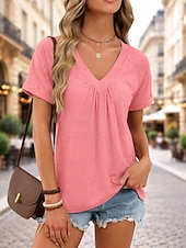 preiswerte Einfarbiges T-Shirt-Damen T Shirt T-Shirt Einfarbig Elegant Vintage Mode Kurzarm V Ausschnitt Normale Oberteile Täglich Sport Wochenende Blau Schwarz Weiß Rosa Grün Sommer Frühling Herbst