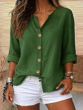 abordables Camisas de Lujo-Blusa de mujer 100% algodón con botones, color liso, para uso diario informal, manga 3/4, cuello en V, tops regulares, para uso diario, negro, blanco, rojo, naranja, verde, verano, primavera, otoño