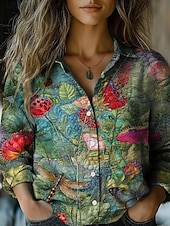 Недорогие Полосатые и геометрические блузки-Жен. Рубашка Искусственный хлопок и лен Пуговицы С принтом Загар и защита от солнца Богемия Винтаж Стиль Длинный рукав Рубашечный воротник Обычные топы Повседневные Праздники