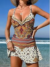 abordables Tankinis-Mujer Bañadores Una pieza Falda Traje de baño Punto Elegante Vacaciones Graphic Geométrico Escote en Pico Sin Mangas Trajes de baño