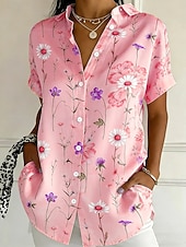 Χαμηλού Κόστους Λουλουδάτες μπλούζες-Γυναικεία Πουκάμισο Κουμπιά Στάμπα Φλοράλ Γραφική Βίντατζ Στυλάτο Μοντέρνα Κοντομάνικο Κολάρο Πουκαμίσου Κανονικά μπλουζάκια Καθημερινά Θαλασσί Κίτρινο Ανθισμένο Ροζ Βυσσινί Πράσινο του τριφυλλιού