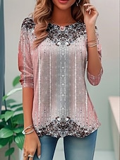 Недорогие Бохо футболка-Женская футболка Boho с градиентным графическим рисунком винтажная мода стильная с длинными рукавами обычный воротник повседневная выходная печать фиолетовая летняя весенне-осенняя