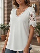preiswerte Spitzenoberteile-Damen Hemd Bluse Spitzentops Patchwork Spitzenbesatz Einfach Bohemien Stilvoll Lässig Kurzarm V Ausschnitt Normale Oberteile Täglich Ferien Ausgehen Weiß Rosa Purpur Leicht Blau Sommer Frühling