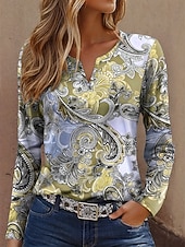 voordelige Kunst &amp; Design t-shirt-Dames T-shirt Afdrukken Grafisch Geometrie Vintage Modieus Modern Lange mouw Gekerfde nek Normale tops Dagelijks Weekend blauw Geel Paars Groen Zomer Lente