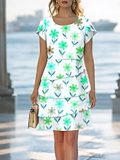 abordables Vestidos florales-Mujer Mini vestido Vestido de cambio Vestido de verano Vacaciones Boho Diario Cita Noche Ajuste regular Floral Graphic Manga Corta Cuello Barco Morado Naranja Verde Trébol Verano Primavera