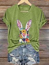 abordables T-shirt de Pâques-Pâques Femmes T-shirt Imprimé Fleuri Graphique Animal Élégant Classique Occasionnel Manche Courte Col en V Hauts Réguliers Quotidien Bleu Blanche Rose Claire Vert Été Printemps