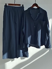 preiswerte Sets-Damen Baumwoll-Leinen Hosen Sets Bolero Oberteil Langarm Hemd Kragen Einfarbig Mode Streetwear Lässig Alltag Draußen Blau Schwarz Weiß Sommer Lockerer Schnitt