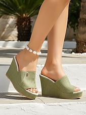 economico Sandali con zeppa-sandali con zeppa da donna in denim azzurro chiaro: eleganti sabot con plateau per resort all'aperto, vacanze estive e relax in hotel