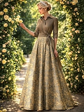 halpa Lattian pituus-A-linja Kokopitkä Paitamekko Häävieraspuku Muodollinen mekko Morsiammen äidin asu Pitkähihainen Paitapuserokaula-aukko Tyylikäs Vintage Häät Muodollinen Nylon kanssa Kukkapainatus Rusetti(rusetit