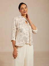 رخيصةأون بلوزات رسمية-نسائي Jacket توينست ترتر ورد زخرفات أنيق 3/4 الكم اليوسفي طوق حفلة ليلية ملابس الحفلات والسهرات الملابس الرسمية البيج الصيف الربيع الخريف