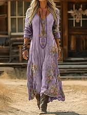  Damen Maxikleid Boho-Kleid Vintage-Kleid Freizeitkleid Vintage Täglich Outdoor Urlaub Lässiger Schnitt Blumen Langarm V Ausschnitt Blau Hellgrün Marineblau Dunkelgrün Frühling Herbst