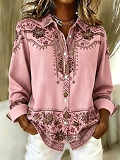 preiswerte Streifen- und geometrische Blusen-Damen Hemd Bluse Patchwork Knöpfe Druck Grafik Geometrisch Karomuster Vintage Tropisch Täglich Langarm V Ausschnitt Hemdkragen Lange Oberteile Täglich Strandbekleidung Urlaubskleidung Blau Schwarz