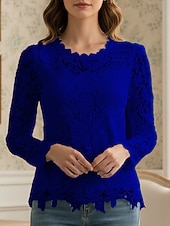 abordables Hauts en dentelle-Femmes Chemise Chemisier Hauts en dentelle Dentelle Uni ancien Classique Occasionnel manche longue Col ras du cou Hauts Réguliers Quotidien Fête Sortir Bleu Noir Blanche Rose Claire Vin Printemps