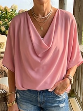 baratos Blusas e Camisas-blusa feminina elegante elegante cor sólida franzido manga morcego comprimento 3/4 manga regular tops gola alta trabalho diário preto branco amarelo rosa céu azul verão primavera outono