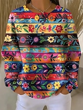 preiswerte Blumen-Hoodies-Damen Pullover Sweatshirt Knöpfe Blumen Grafik Mode Lässig Druck Langarm Rundhalsausschnitt Normale Oberteile Lässig Heim Arbeit Blau Schwarz und Rot Hellgrün Purpur Orange Sommer Frühling