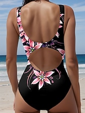 Недорогие Монокини-Жен. Купальники Один кусочек Брифы купальник Отпуск Мода Цветочный принт Графика Круглый вырез Без рукавов Купальники