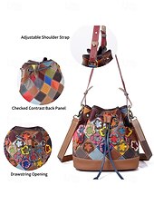 olcso Kézitáskák és bevásárlótáskák-női bohém bőr vödörtáska, többszínű virágmintával, sokoldalú viselet, állítható vállpántok, tökéletes a mindennapi használatra