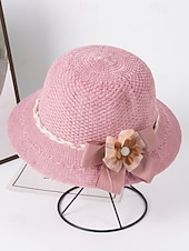 levne Dámské klobouky-Dámský skládací bohémský slaměný klobouk proti slunci – lehká prodyšná polyesterová plážová čepice s květinovou mašlí, více barev pro letní dovolenou, běžné nošení i cestování