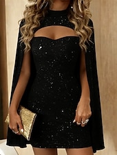 billige Paljettkjoler-Dame Mini kjole Elegant kjole Elegant Mote Moderne utendørs Feriereise Fest Løstsittende عادي Langermet Høyhalset Blå Svart Vin Rød Vår Høst