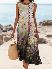 cheap Art&amp;Design Dress-Women's Midi Dress Faux Cotton Linen Shift Dress Sundress Casual Dress Vintage Daily Outdoor Vacation Regular Fit Floral Sleeveless Crew Neck Purple Summer Spring