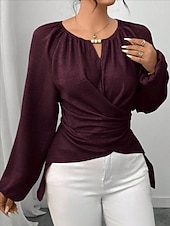 cheap Plain Blouses-Women's Blouse Ruched Plain Elegant Stylish Basic Long Sleeve Crew Neck Regular Tops Daily Streetwear Black Pink Wine Green Khaki Spring Fall