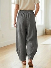 preiswerte Premium-Leinen-Kollektion-Damen-Leinenhose aus 70 % Leinen, weites Bein, Chino-Stil, Sommerhose, Urlaubshose, Streetwear, Basic, lange Länge, mittlere Bundhöhe, schlicht, Tasche, elastischer Bund, bequem, komfortabel, nicht elastisch, für Alltag, Outdoor, Straße, Bordeauxrot, Azur