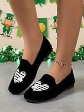  レディース セントパトリックスデー クローバーハートプリント 軽量フラットシューズ - アイルランドのパレード、ホリデーパーティー、旅行に最適な伸縮性のあるニットスリッポンシューズ &毎日の散歩