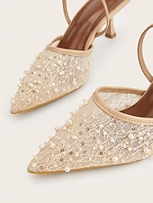 abordables Invité au mariage-Escarpins à bride arrière en maille nude et perles pour femmes, chaussures habillées élégantes à petit talon pour les invitées de mariage, en pelouse &amp;mariage dans un jardin