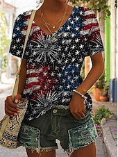  Dia da Independência Camiseta Patriótica Feminina Impressão Gráfica Bandeira Vintage Estilosa Clássica Manga Curta Decote em V Tops Regulares Dia a Dia Preto Branco Azul Marinho Vermelho  Azul Verão