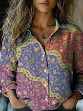 Недорогие Полосатые и геометрические блузки-Жен. Рубашка Искусственный хлопок и лен Пуговицы С принтом Загар и защита от солнца Богемия Винтаж Стиль Длинный рукав Рубашечный воротник Обычные топы Повседневные Праздники