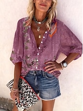 Недорогие Цветочные блузки-Жен. Рубашка С принтом Омбре Цветочный принт Графика Богемия Винтаж Повседневные Рукав 3/4 V-образный вырез Обычные топы Повседневные Праздники Одежда для пляжа