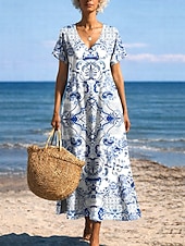 abordables Robes de vacances-Femmes Robe Midi Robe d'Été Robe trapèze Vacances Occasionnel Boho Papillon Plage Coupe régulière Graphique Tribal Manche Courte Col Rond Bleu Bleu Ciel Or noir Noir Été Printemps