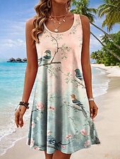baratos Vestidos Florais-Mulheres Minivestido Vestidos Para o Verão Vestido A Line Vestido de verão Férias Casual Boho Praia Festa Casamento Normal Gráfico Animal Sem Manga Decote U Scoop pescoço Azul Branco Laranja Verde