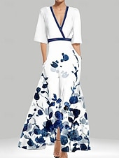 tanie Eleganckie sukienki kwiatowe-Damskie Sukienka midi Codzienne sukienki Sukienka w kwiatki Elegancja Moda Nowoczesny Na zewnątrz Urlop Wyjściowe Regularny Kwiaty Rękaw 1/2 W serek Biały Czerwony Lato Wiosna