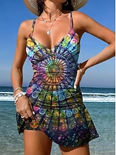 billiga Tankinis-Dam Badkläder En bit Kjol Baddräkt Elegant Semester Grafisk Geometrisk V-hals Ärmlös Baddräkter