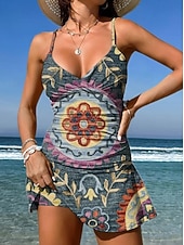 お買い得  タンキニ-女性用 スイムウェア ワンピース スカート 水着 エレガント 旅行度假风 グラフィック 幾何学模様 Ｖネック ノースリーブ 水着