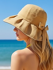 رخيصةأون اكسسوارات العطلة-قبعة شمسية نسائية من البوليستر بحافة عريضة مزينة بفيونكة، قابلة للطي لحماية من الأشعة فوق البنفسجية، متوفرة بألوان متعددة، لون أنيق مناسب لعطلة الربيع والارتداء اليومي غير الرسمي