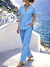abordables Conjuntos-Mujer Conjunto con tacto de lino Conjuntos de pantalones Bolero Manga Corta Escote en Pico Color sólido Moda Ropa de calle Casual Diario Exterior Azul Piscina Blanco Azul Marino Oscuro Verano Ajuste