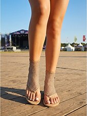 cheap Women-Women's Black Mesh Rhinestone Flat Sandals - Sparkly Fishnet Thong Sandals for Coachella, Music Festivals &amp; Summer Beach Vacations
