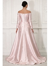 economico Abiti da ballo-Linea ad A Strascico a Terra Abito da Sera Abito da ballo con sopragonna Elegante Scintillante Floreale Manica Lunga Scollo a Barca Festa serale Matrimonio Vestito Rosa Raso con Fiore ricamato Spacco