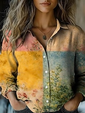 Недорогие Полосатые и геометрические блузки-Жен. Рубашка Искусственный хлопок и лен Пуговицы С принтом Загар и защита от солнца Богемия Винтаж Стиль Длинный рукав Рубашечный воротник Обычные топы Повседневные Праздники