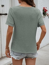 voordelige Effen Blouses-Dames T-shirt Kant Lapwerk Effen Modieus Stijlvol Klassiek Korte mouw V-hals Normale tops Dagelijks Uitgaan Weekend blauw Zwart Wit Leger Groen Groen Zomer Lente